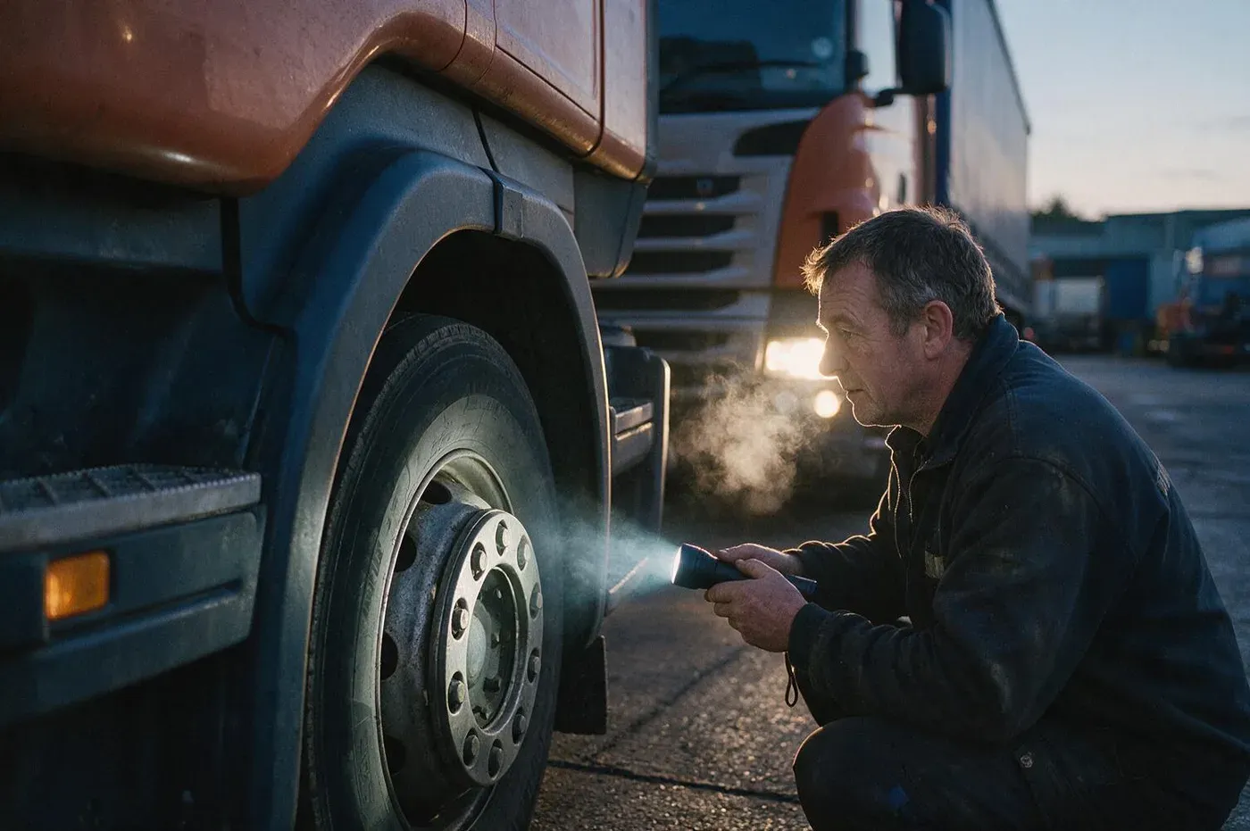 Fahrer mit Taschenlampe bei der Abfahrtkontrolle an der Vorderachse eines Lastwagens, blaue Stunde