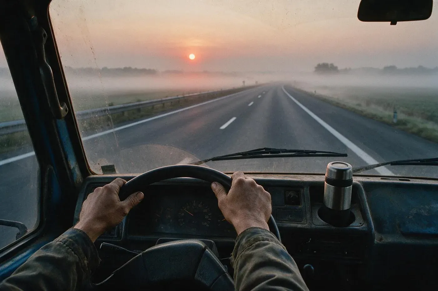 Blick aus einem Lkw-Fahrerhaus über das Lenkrad auf eine leere Autobahn im Sonnenaufgang