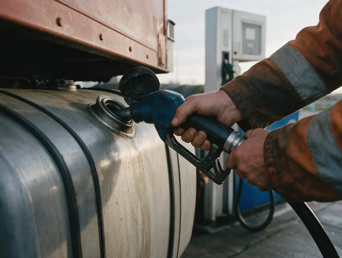 Hände halten einen Diesel-Zapfhahn im Tank eines Lastwagens an einer Autobahntankstelle