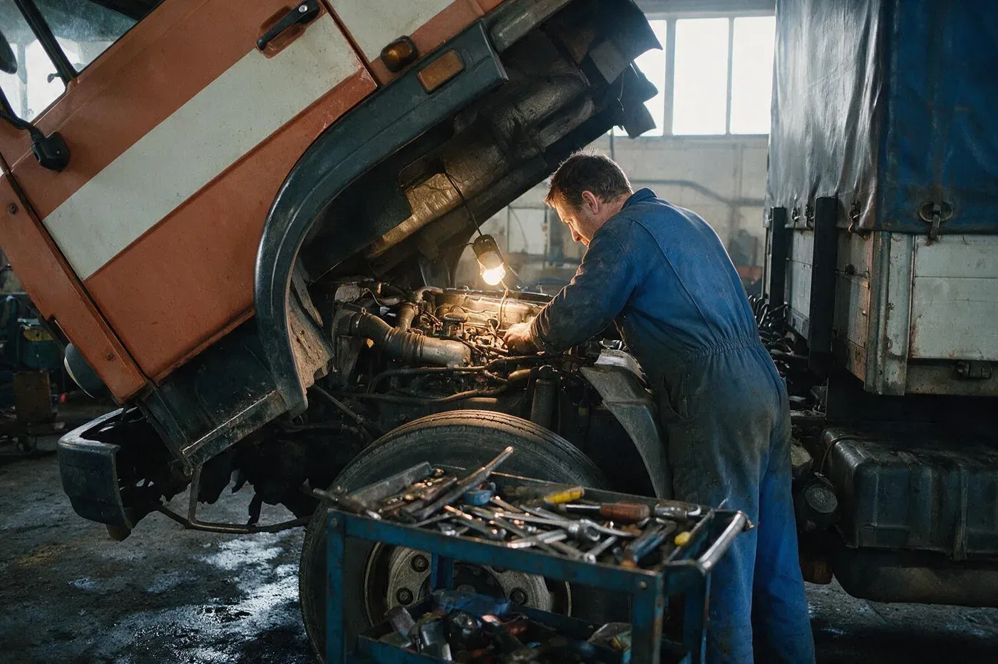 Mechaniker arbeitet unter dem hochgekippten Fahrerhaus eines Lastwagens in einer Werkstatthalle